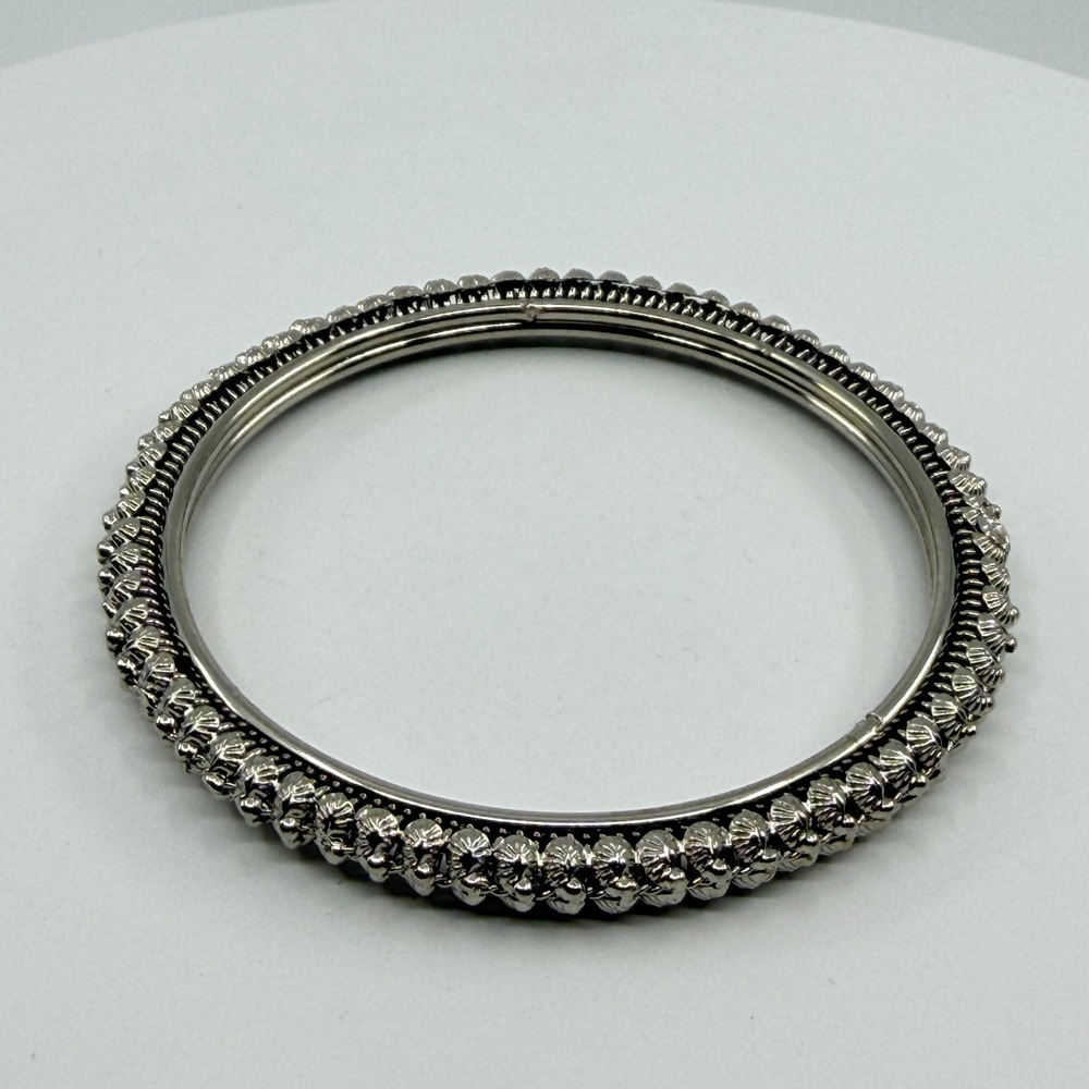 Silver Tone Textured Floral Bangle Bracelet - Stacking Accessory